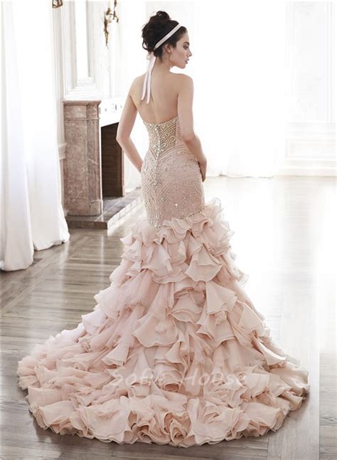 Gorgeous Mermaid Strapless Blush Pink Organza Ruffle Crystal Beaded