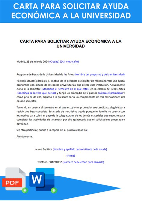 Modelo de carta para solicitar ayuda económica a la universidad