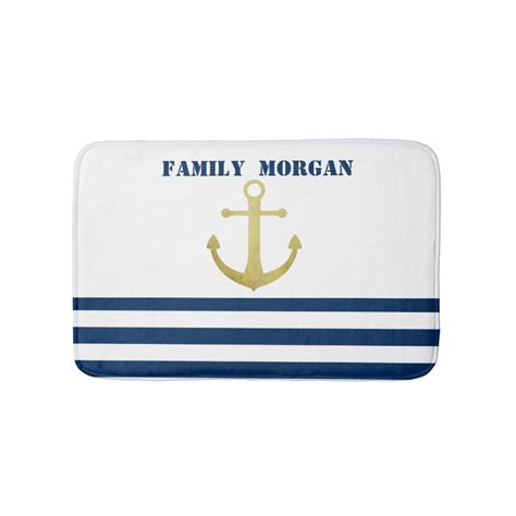 Nautical Boat Name Gold Anchor Navy Blue Stripes Bath Mat Zazzle