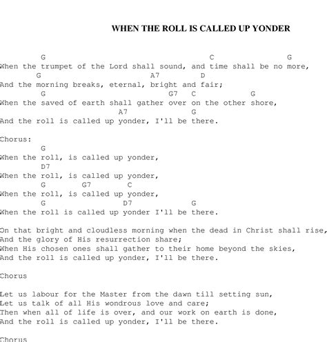 When The Roll Is Called Up Yonder Christian Gospel Song Lyrics And