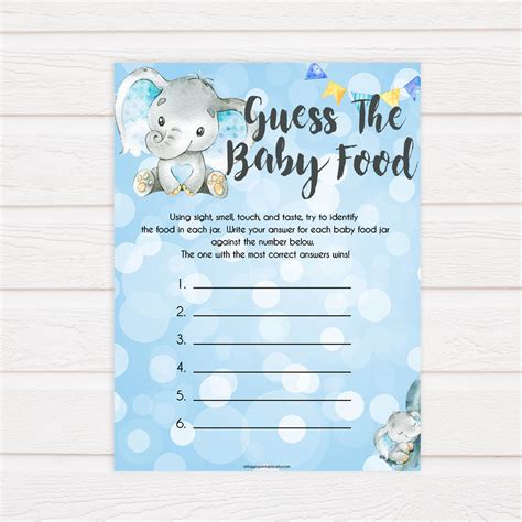 Guess The Baby Food Game - Blue Elephants Printable Baby Shower Games – OhHappyPrintables