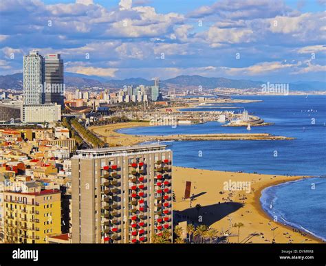 Aerial view of Barceloneta Beach and cityscape of Barcelona, Catalonia ...