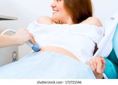 Hand Abdominal Ultrasound Scanner Pregnant Women Stock Photo