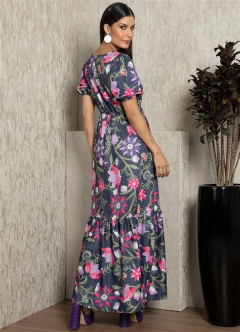 Quintess Vestido Longo Floral Preto Fenda Na Barra