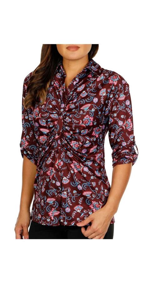 Womens Ruched Button Front Paisley Top Eggplant Burkes Outlet