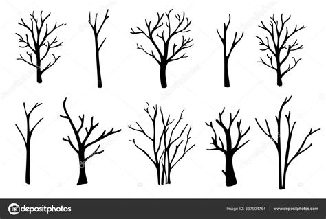 Naked Trees Silhouettes Set Hand Drawn Isolated Illustrations Stock