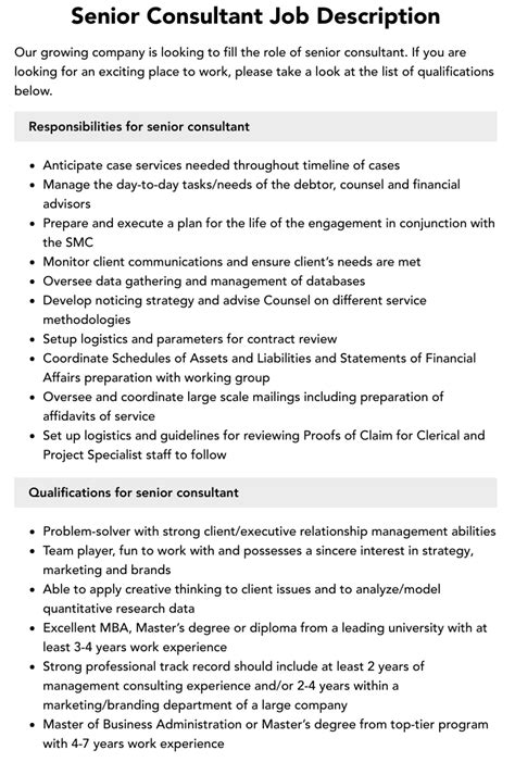 Senior Consultant Job Description Velvet Jobs