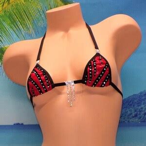 Mini Micro Bikini W Rhinestones G String Red Holographic With Black