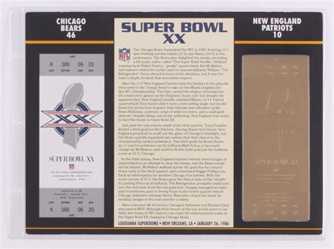 Commemorative Super Bowl Xx Scorecard With Kt Gold Ticket Bears Vs