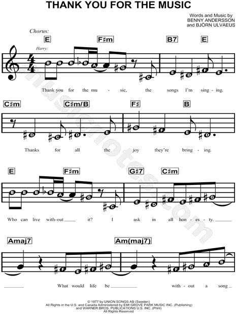 Thank You For The Music From Mamma Mia Sheet Music For Beginners