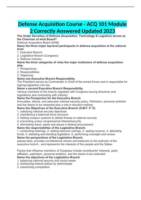 Defense Acquisition Course - ACQ 101 Module 2 Correctly Answered