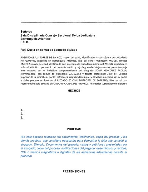 Modelo Quejas DE Abogados Señores Sala Disciplinaria Consejo