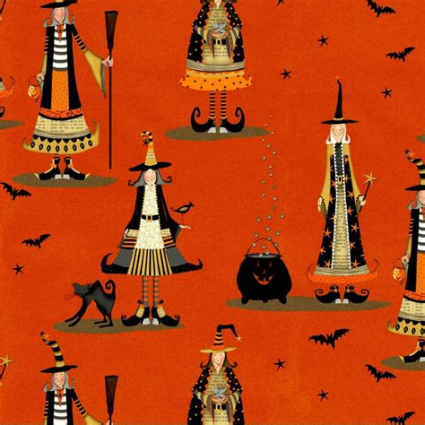 Cotton Quilt Fabric Studio E Witchy Witches Halloween Fall Cats Bats