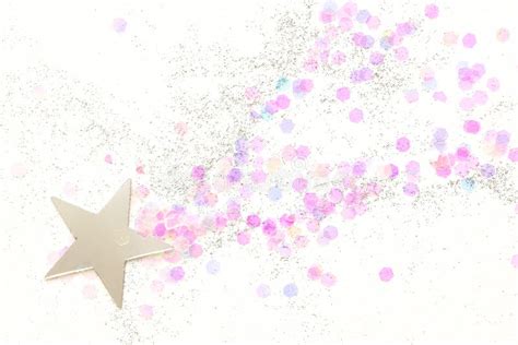 Confetti And Silver Stars On A White Background Festive Concept Stock