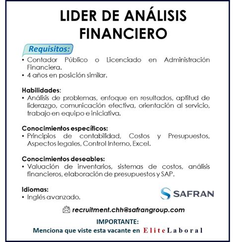 Vacante Lider De Analisis Financiero Elitelaboral