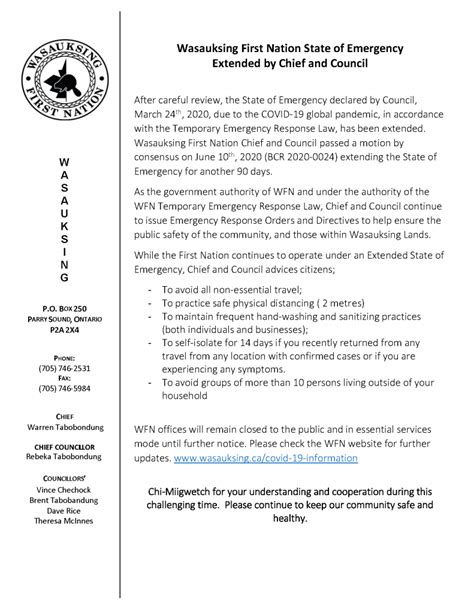 June 10th 2020 WFN State Of Emergency Extended Wasauksing First Nation