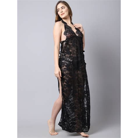 Buy Shararat Womens Lace Babydoll Lingerie Nightwear Long Gown Black