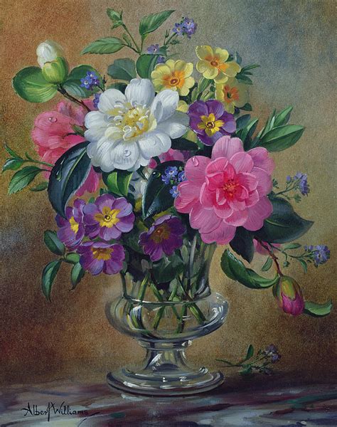 Forget Me Nots And Primulas In Glass Vase Painting By Albert Williams