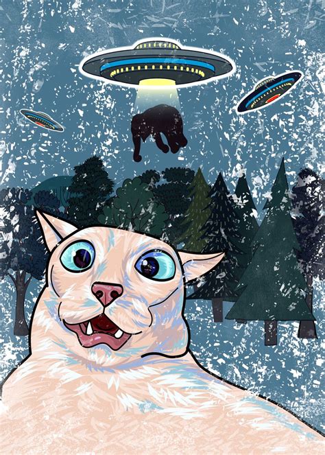 Funny Cat Selfie With UFO Poster Picture Metal Print Paint By