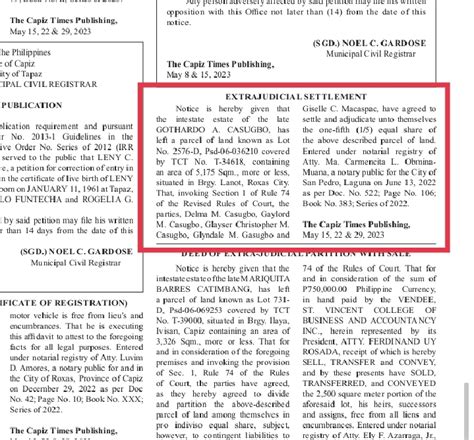 Notice Of Extrajudicial Settlement Of The Late Gothardo A Casugbo