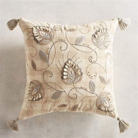 Pier 1 Imports Jacobean Taupe Check Floral Pillow With Tassels Floral