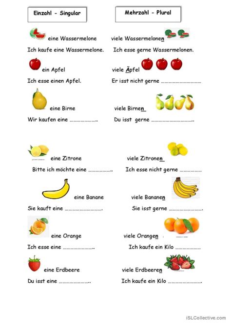 Singular Plural von Obst Deutsch DAF Arbeitsblätter pdf doc