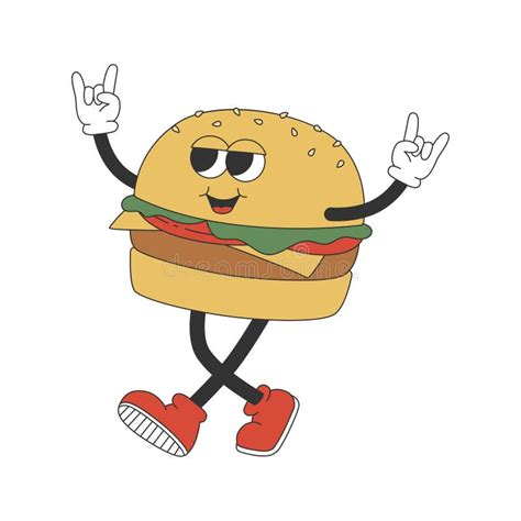 Groovy Hippie Burger Cartoon Character In Trendy Retro Style Stock