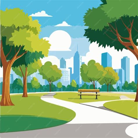 A painting of a public park with a bench and trees cartoon drawing artwork vector | Premium AI ...