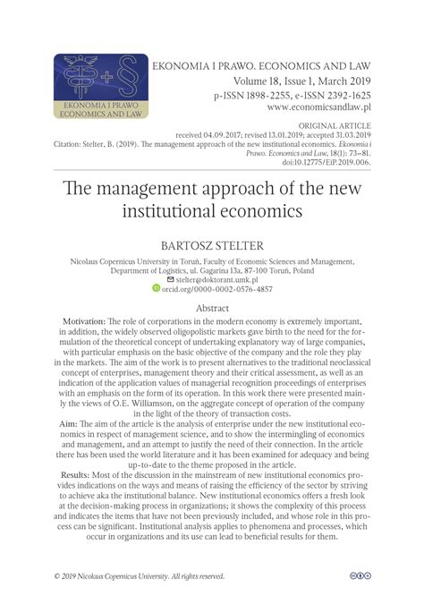 Pdf The Management Approach Of The New Institutional Economics