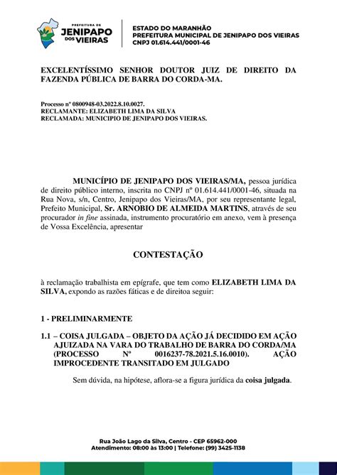 Contestação Elisabeth LIMA DA Silva EXCELENTÍSSIMO SENHOR DOUTOR