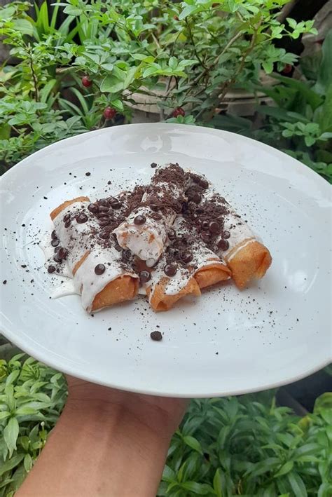 Banana Fried Crispy With Topping Choco Chip And Vanilla Stock Image