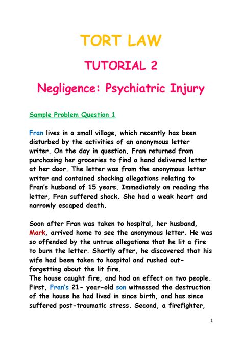 Answer Guide Psychiatric Injury Question Tort Law Tutorial