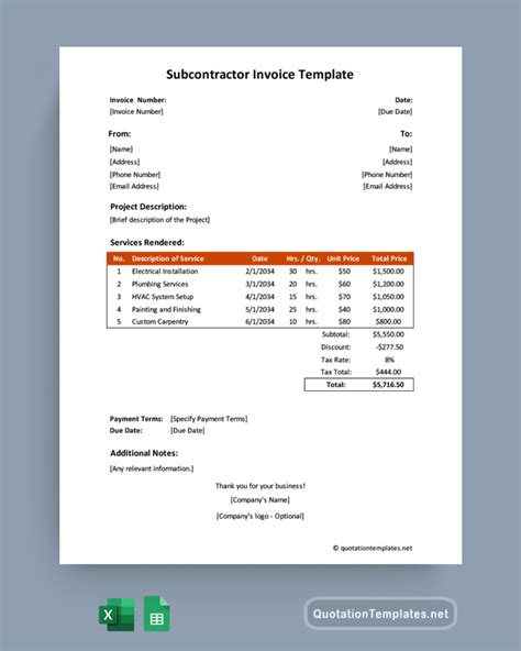 Subcontractor Invoice Template Excel Google Sheets