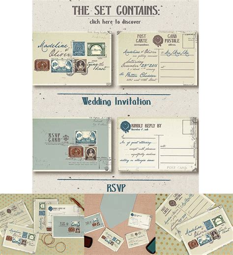 Vintage stamps wedding iInvitation set | Free download