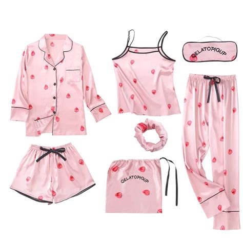 JULY S SONG Pink Women S 7 Pieces Pajamas Sets Emulation Silk Striped