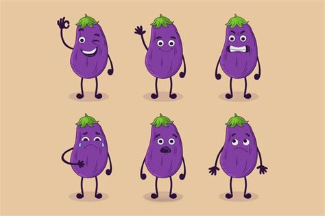 Premium Vector Hand Drawn Cute Expression Eggplant Characters Set