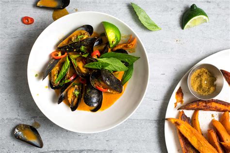 Red Curry Mussels And Roasted Sweet Potatoes Recipe