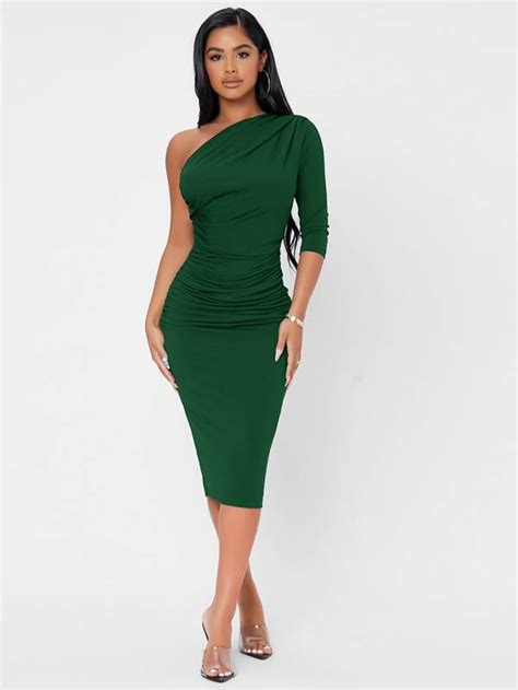 SHEIN PETITE Solid One Shoulder Ruched Bodycon Dress SHEIN USA