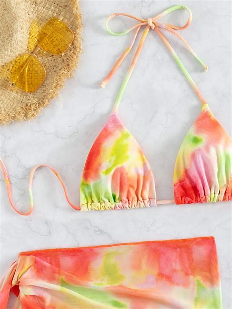 Bañador bikini triángulo halter de tie dye con falda de playa Moda de