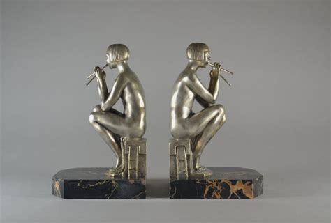 1930 Fr Rare Art Deco Silver Plated Bronze Bookends With Flute Players