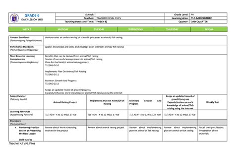 Dll Tle Agri6 Week 8 Q2 By Teacher Kj Val Grade 6 Daily Lesson Log