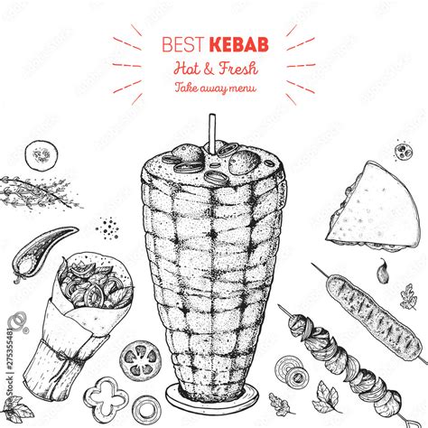 Doner Kebab Cooking And Ingredients For Kebab Sketch Illustration