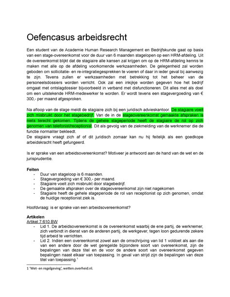 Individuele Opdracht Casus Arbeidsrecht Oefencasus Arbeidsrecht Een