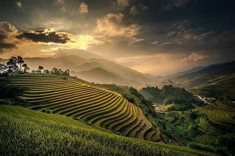 Nature Landscape Field Terraces Mountains Mist Sunset Valley Clouds Sky