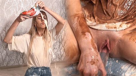 Messing Myself With Cream And Chocolate Syrup Playing With My Pussy Squirting And Peeing