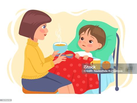 Filho Doente Mae Cansada - Vetores de Mãe E Filho Doente Mãe Preocupada Na Cabeceira Do Filho ...