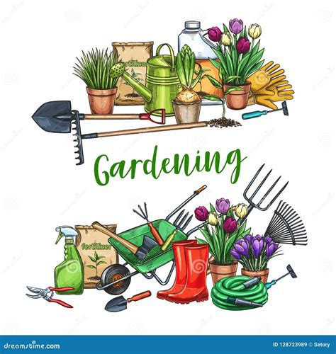 Gardening Banner With Tools Cartoon Vector | CartoonDealer.com #128723989