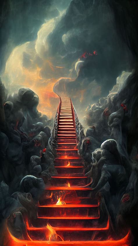 A Stairway Leading Up To The Sky With Fire Coming From It And Clouds In