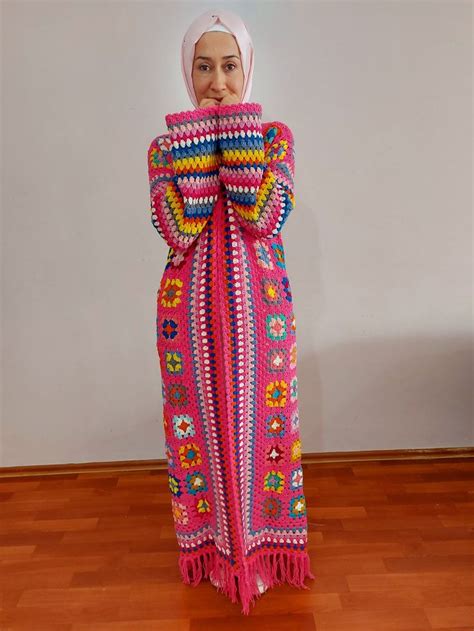 Crochet Cardigan Granny Square Coat Multicolor Boho Jacket Afghan