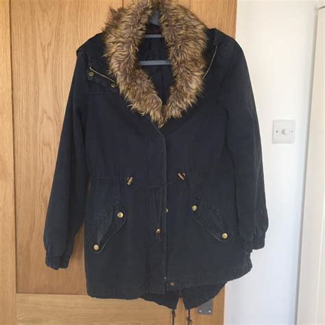 Miss selfridge navy coat with faux fur around the... - Depop